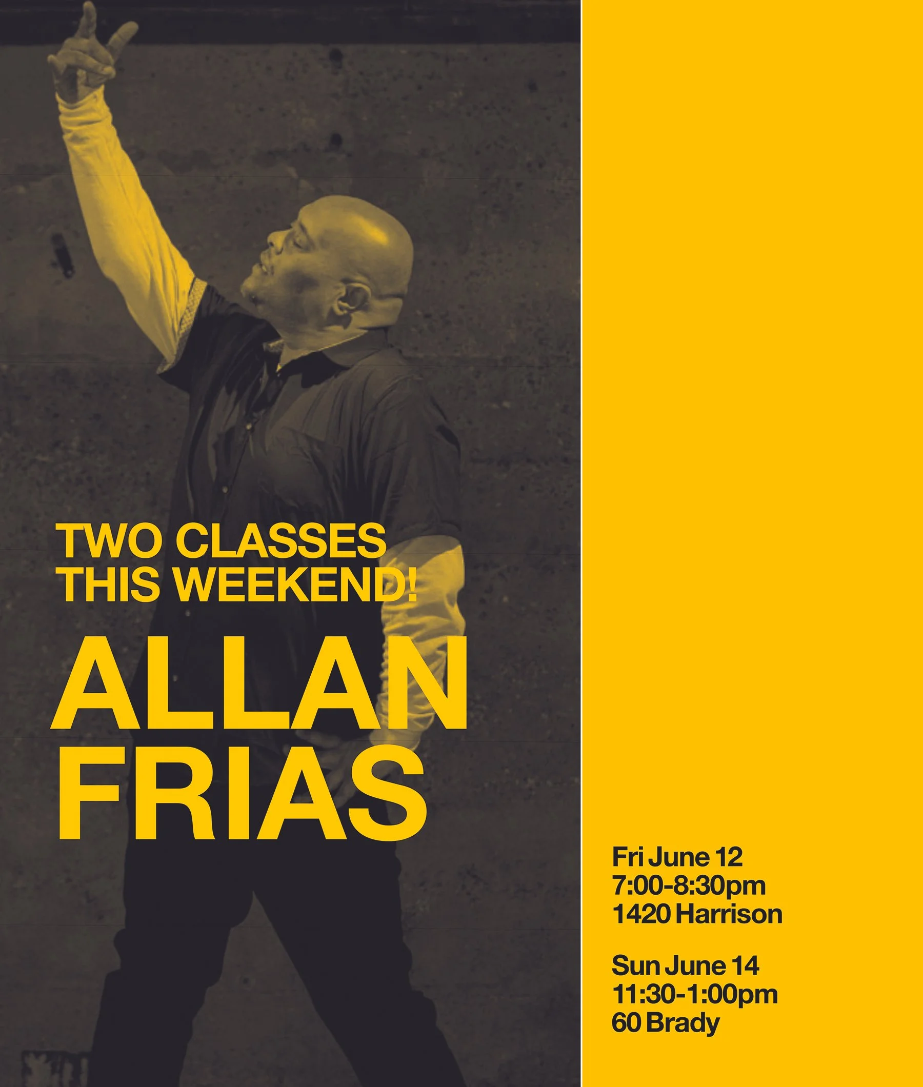 Church of Frias aka Intermediate Hip Hop Choreo with Allan Frias is happening this Sunday at 11:30am! | 60 Brady | click on pic to sign up ^ or pay at the desk