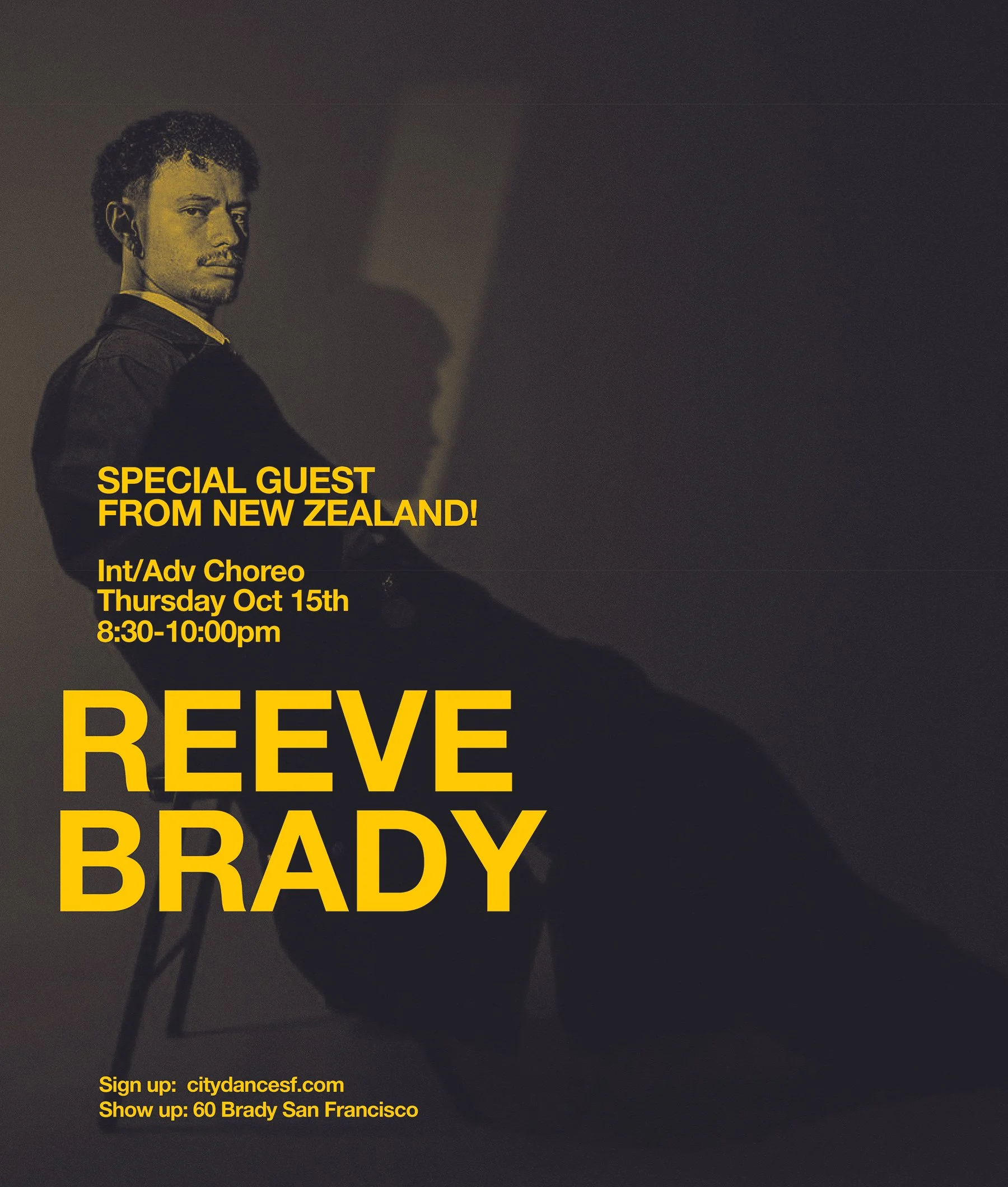 Thursday October 15th! Dance with New Zealand based guest artist Reeve Brady! 8:30pm | 60 Brady | Click on pic to sign up ^ or pay at the studio...
