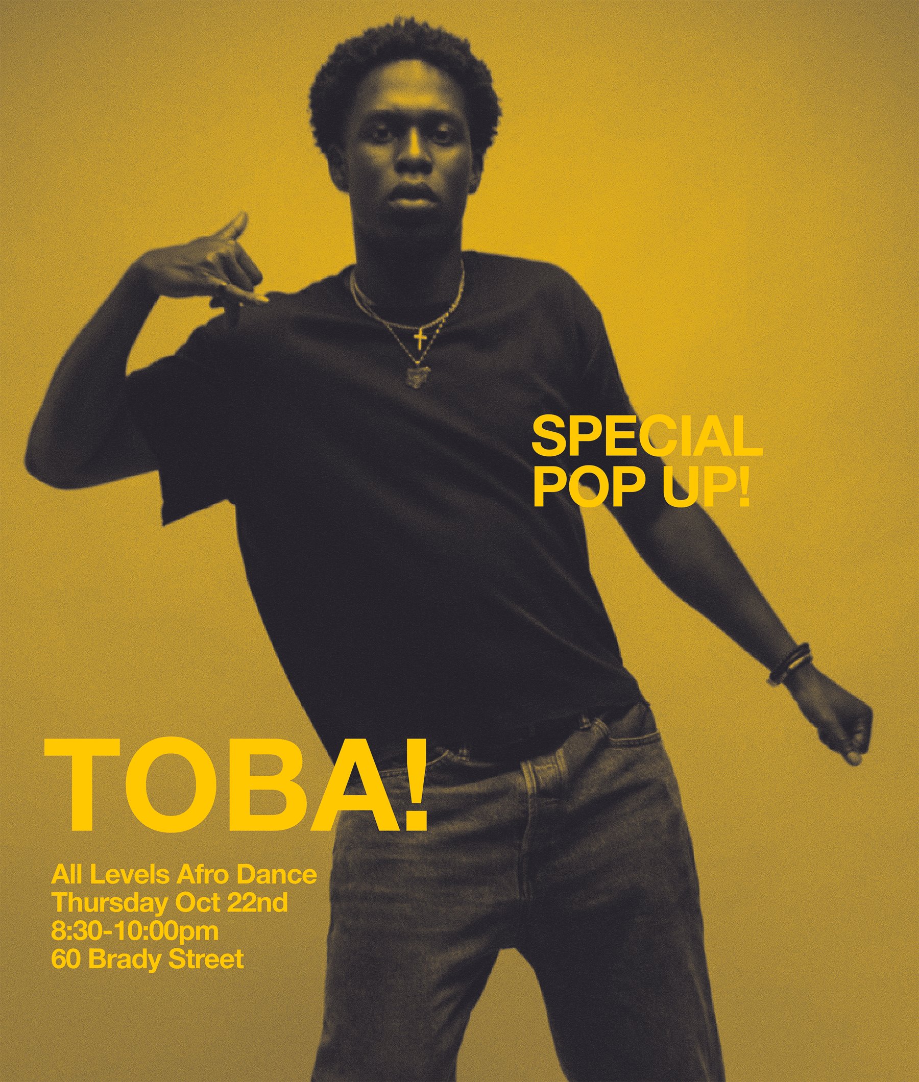 THURSDAY OCTOBER 22ND! We have been trying to make this happen for years! TOBA'S CLASSES ARE AMAZING! Join us for an Afro Dance class with Toba! 8:30pm | 60 Brady | Click on pic to sign up ^ or pay at the studio