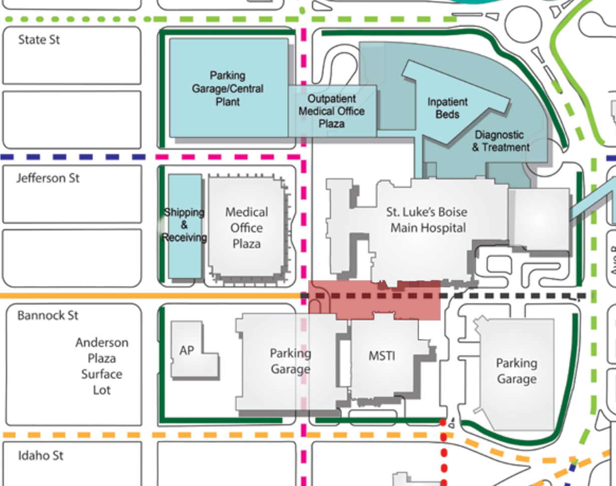 The Bannock St. corridor highlighted in red