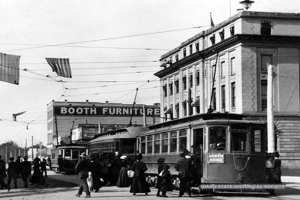 Idaho State Historical Society image of a historic trolley in Downtown Boise near the Borah Post Office. The system was shut down in 1928 as cars made their advance across America.