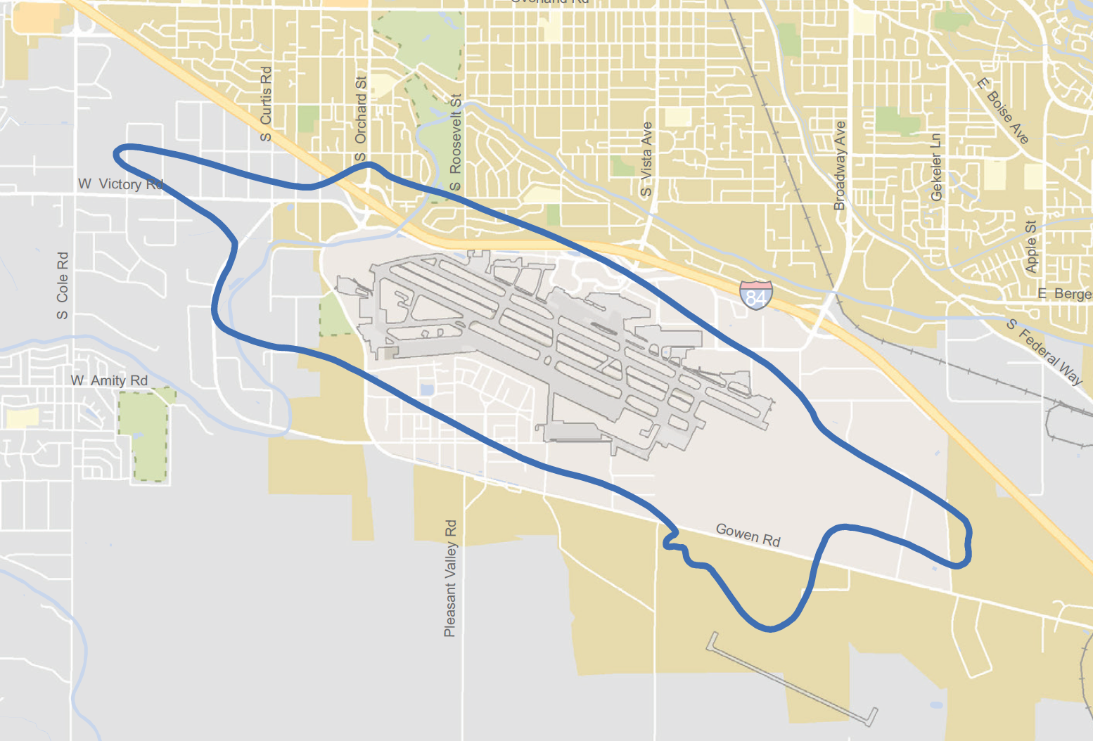 First on BoiseDev.com: Updated 2016 sound contour map - projection for 2020 with the F-35 program at GTowen. The blue lined-area represents the "not suitable for residential use" area.