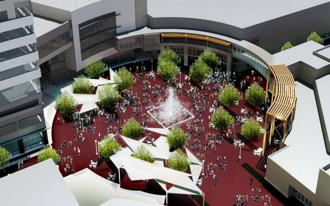 An initial rendering showed large sails around the perimeter of the Grove Plaza to provide shade. The sails were not installed for engineering reasons.