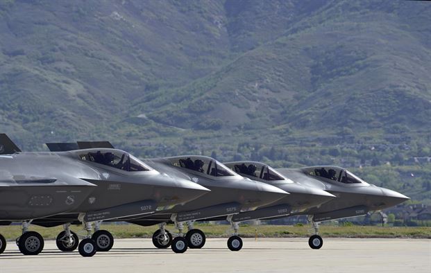 F-35s lined up on the tarmac at Hill AFB near Ogden, Utah. USAF photo.