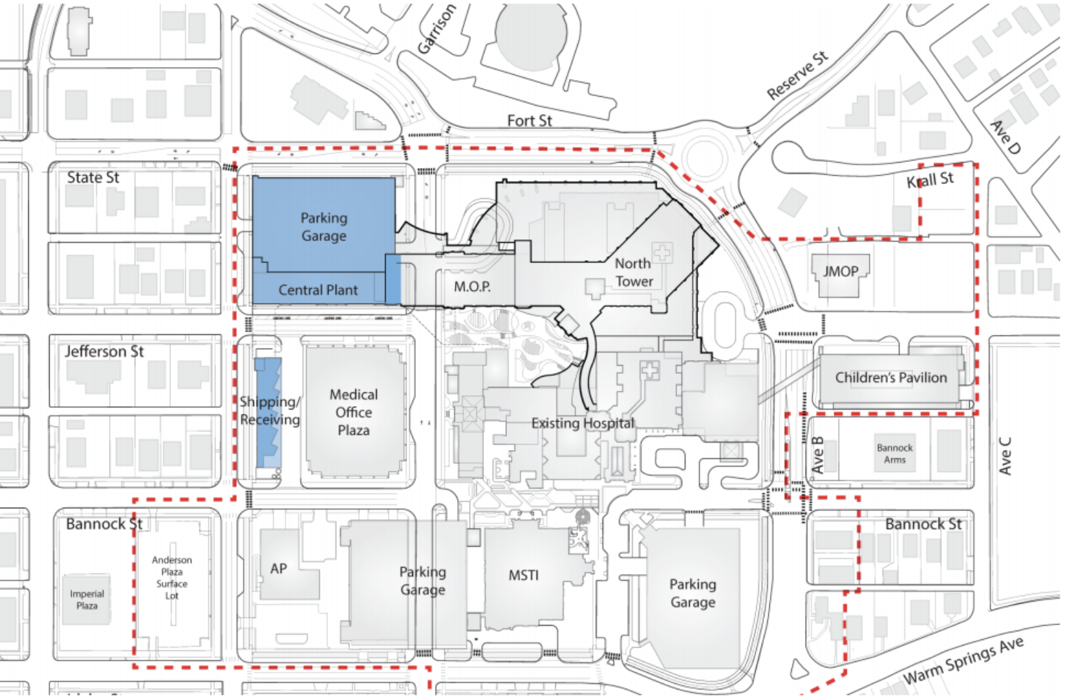 Site plan. New buildings in blue. Courtesy St. Luke's Health System.