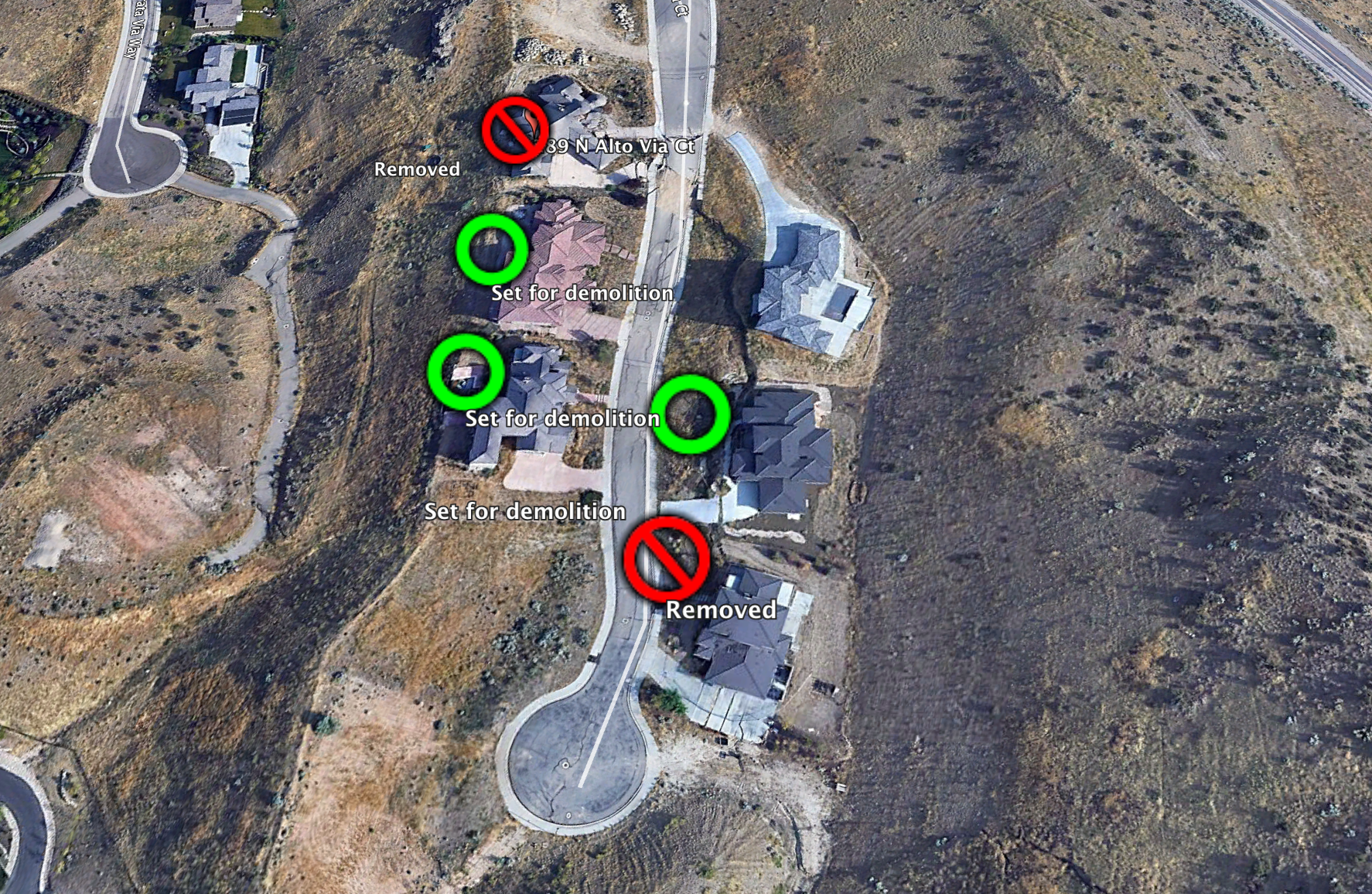 Homes already removed marked with a 🚫. Homes set to be torn down marked with a green circle. 