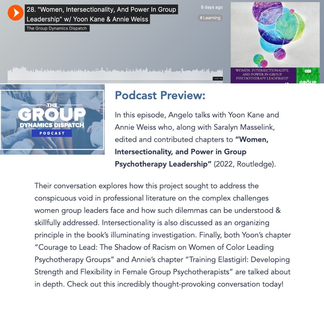 Listen to Mindful's founder Yoon Kane, in a thought provoking discussion on the Group Dynamics Dispatch podcast. She speaks with co auther's of &quot;Women, Intersectionality, and Power in Group Psychotherapy Leadership&quot; (2022, Routledge). Podca