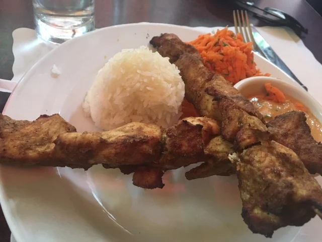 Chicken Satay with rice and carrot salad