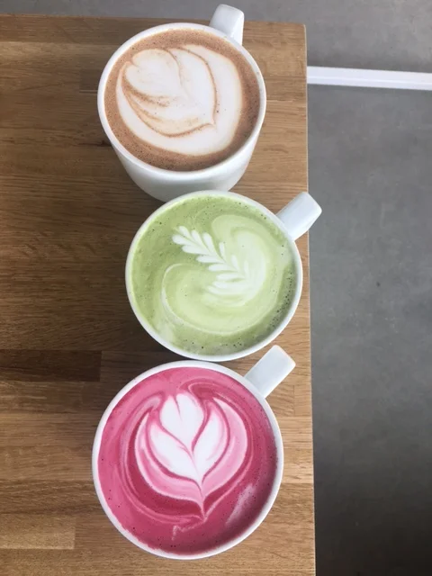 Beet Latte, Matcha Green Tea Latte & Carrot and Ginger Chai
