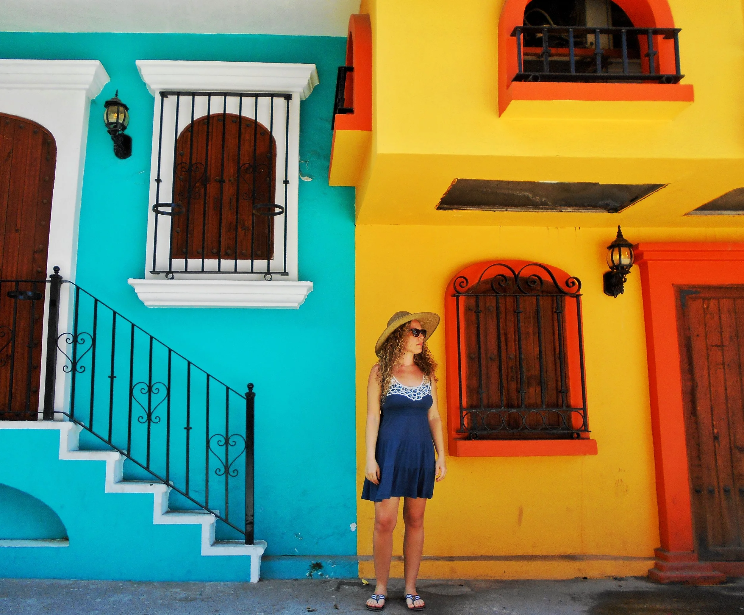 Bright contrasting colors of locals houses in downtown Puerto Vallarta