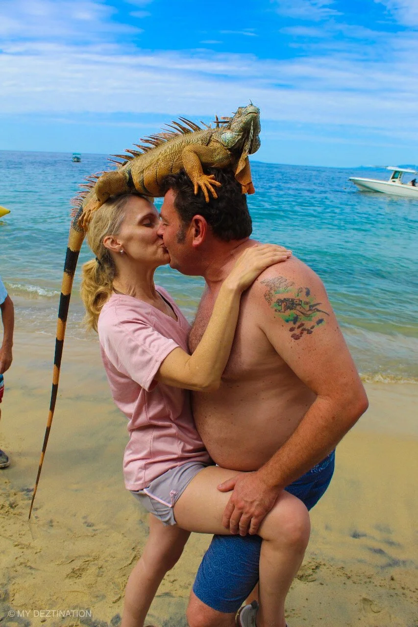 Couple kissing on Yelapa Beach with iguana—fun moment on private tour.