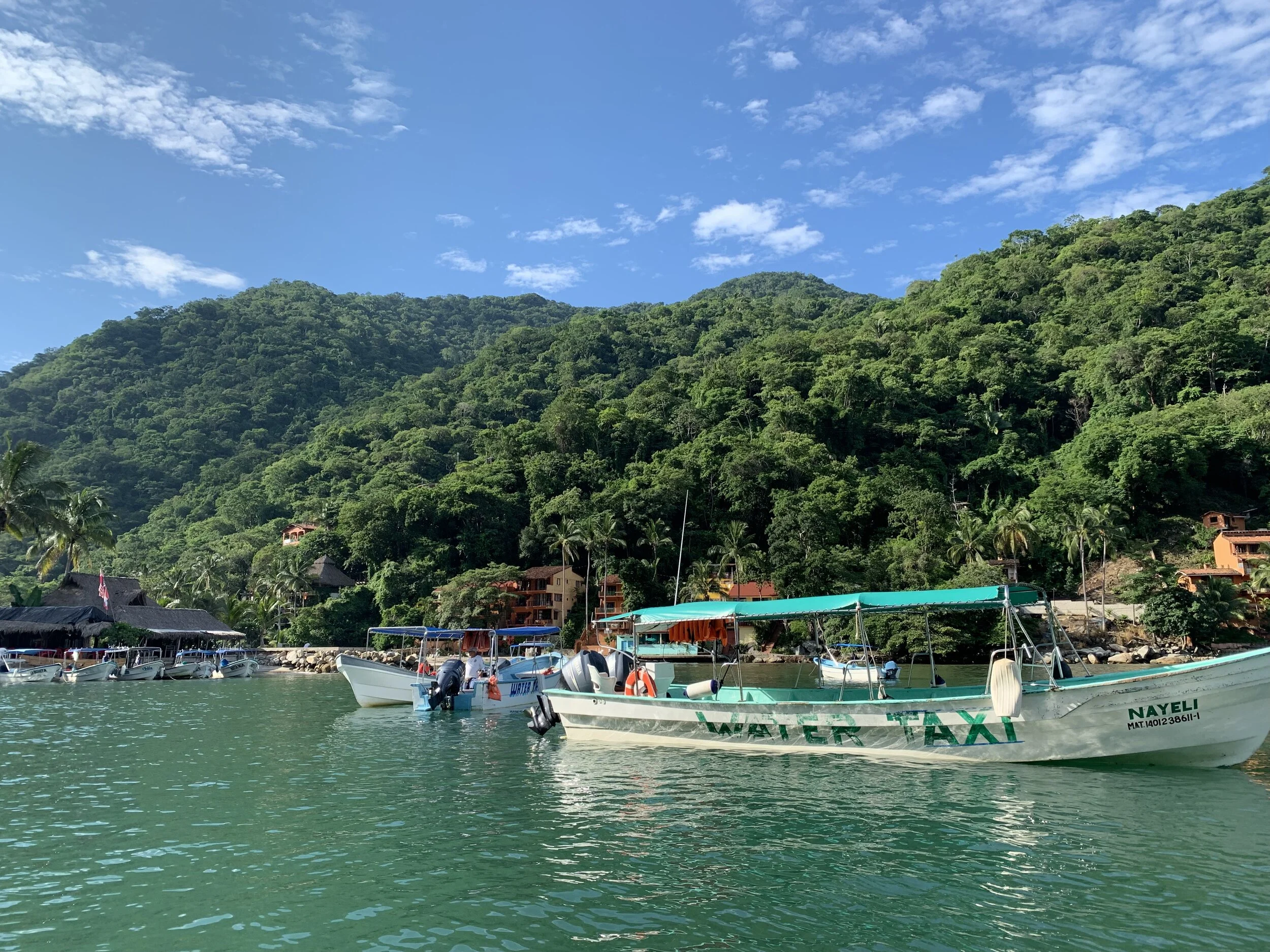 Boats anchored at Yelapa Beach, part of My Deztination tour arrival.