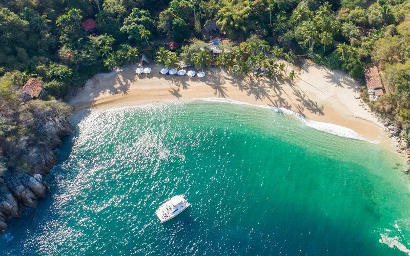Aerial view of Mahahuitas beach and jungle on My Deztination excursion.