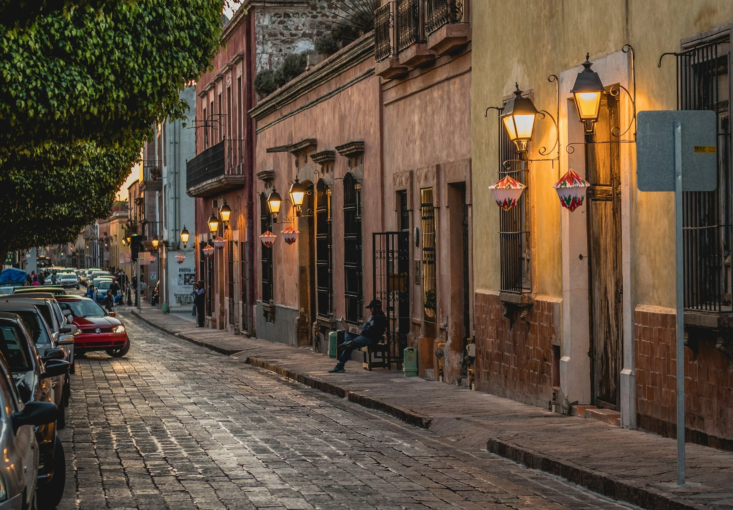 Clean colorful streets of Queretaro - dusk softly lit with warm street lights