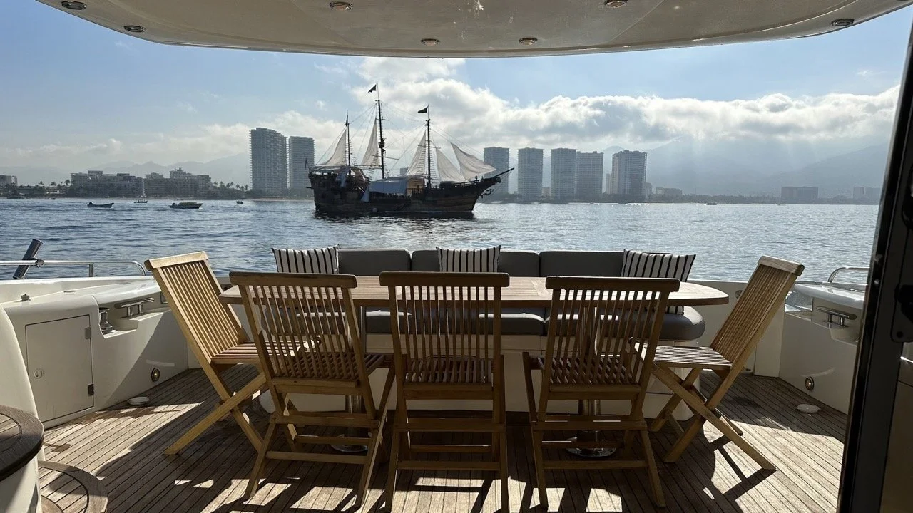 View from back of yacht with pirate ship in distance, My Deztination tour.
