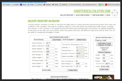 Screenshot of a Ballistic Trajectory Calculator provided free online.