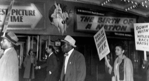 Members of the National Association for the Advancement of Colored People picket under the marquee of the Republic Movie Theatre against race discrimination featured in the movie, The Birth of a Nation. They carry signs asking for a ban on hate film…