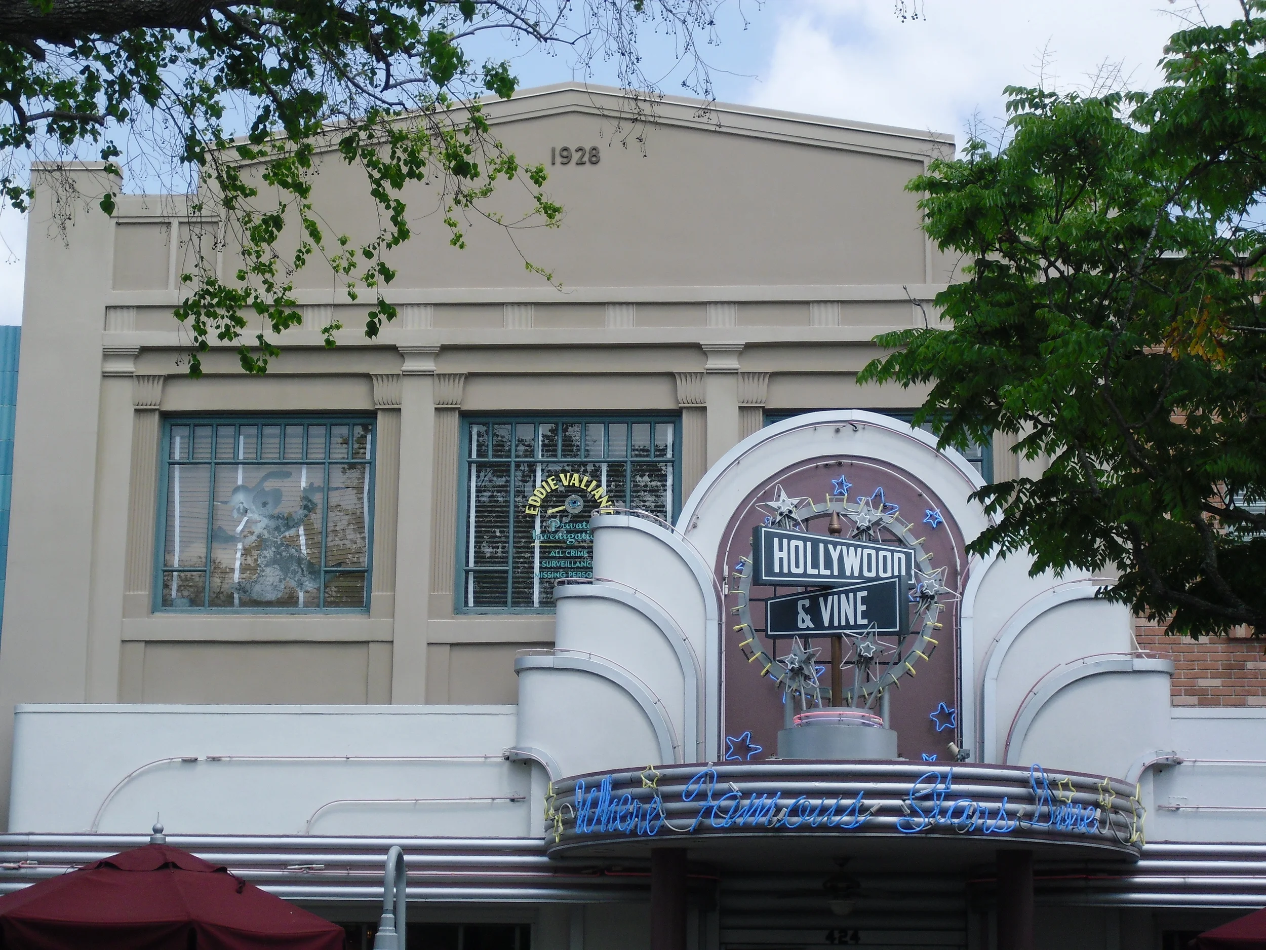 Roger Rabbit has run through the blinds at the Eddie Valiant Detective Agency above the Hollywood and Vine Restaurant. Disney's Hollywood Studios, Florida - author's collection