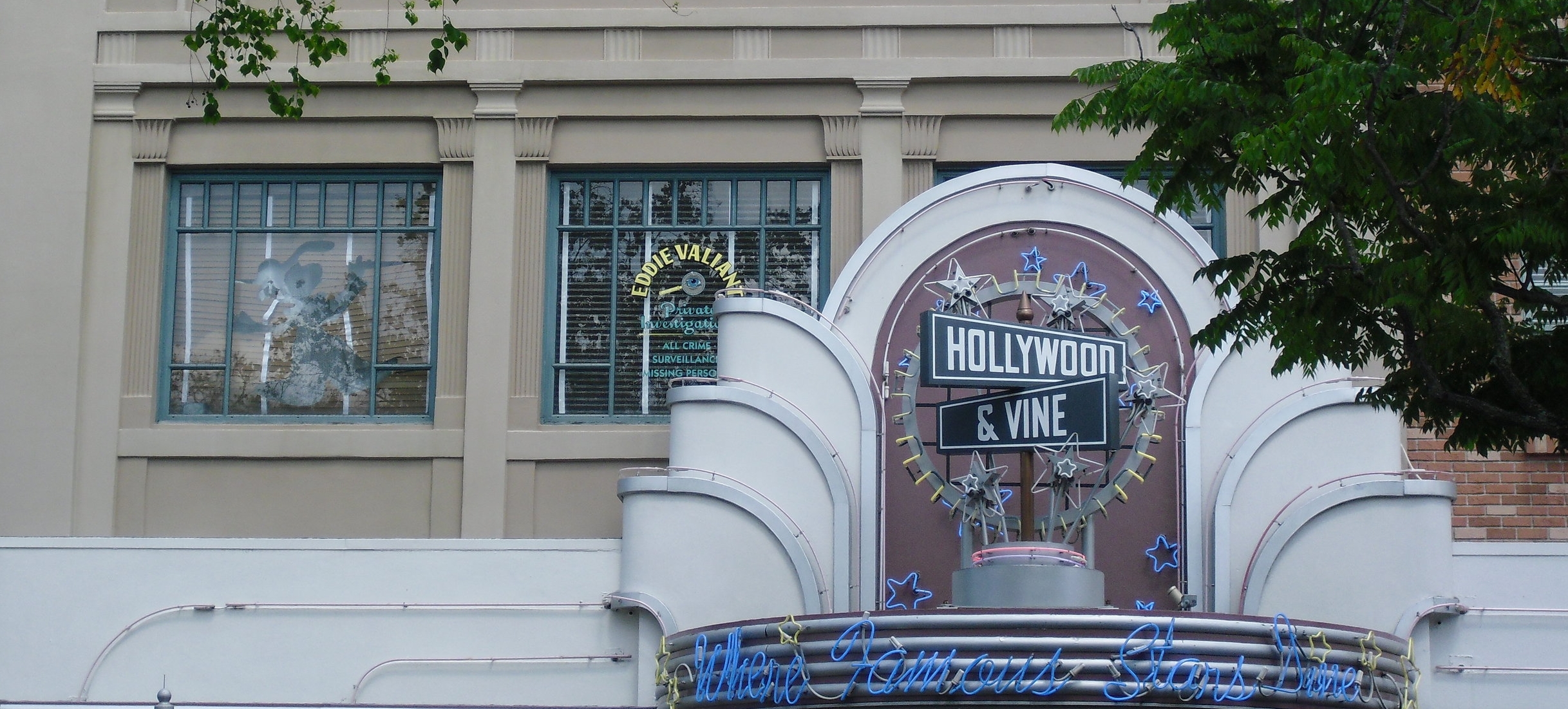 Roger Rabbit has run through the blinds at the Eddie Valiant Detective Agency above the Hollywood and Vine Restaurant. Disney's Hollywood Studios, Florida - author's collection