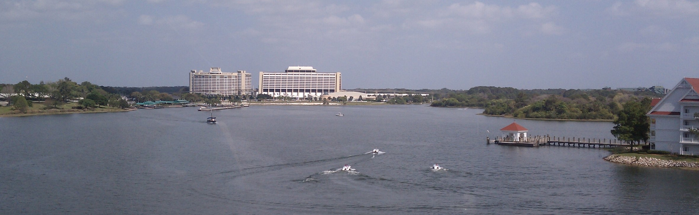The Contemporary and Bay Lake Tower viewed from the monorail with Seven Seas Lagoon, foreground. -By Panama "the Alien" Wright