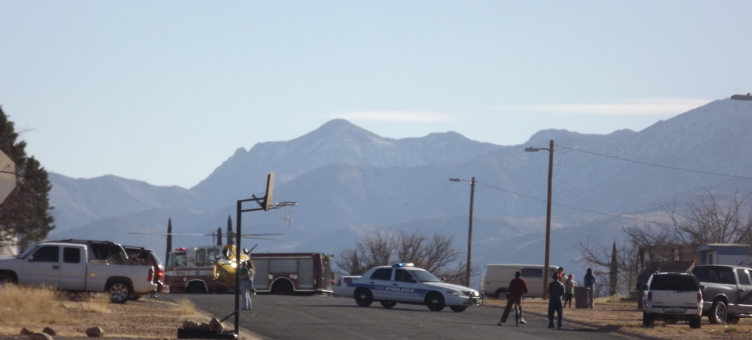 Police, fire, and medevac respond to an emergency at the trailer park, Sierra Vista, Arizona