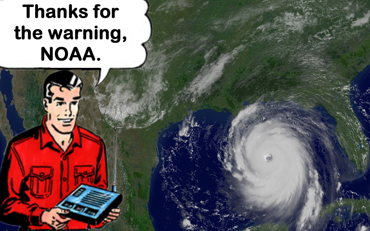 Both the hurricane background and the cartoon image found on NOAA website and copyright that agency.&nbsp;