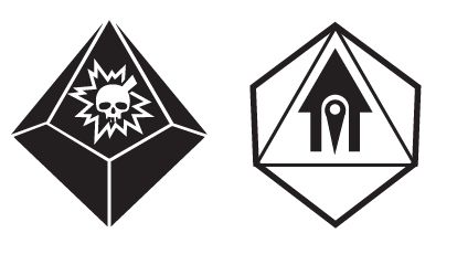 Challenge dice (left) and advantage dice (right), with the drawback and boon symbols, respectively.