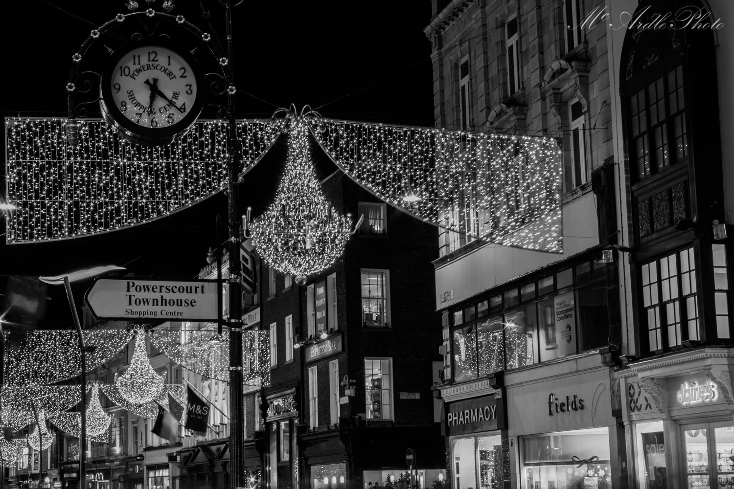 Powerscourt Shopping Centre B&W on Christmas Eve, Grafton Street, Dublin City