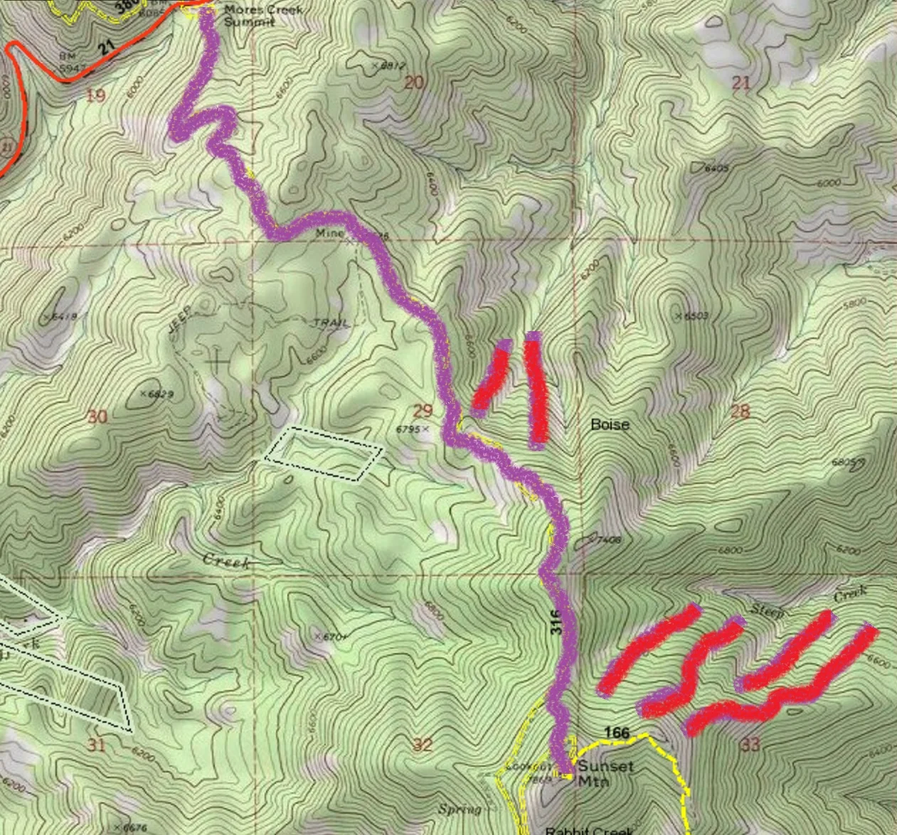 Sunset Peak. Route from Mores Creek Parking Lot shown in Purple. Possible ski line in red.