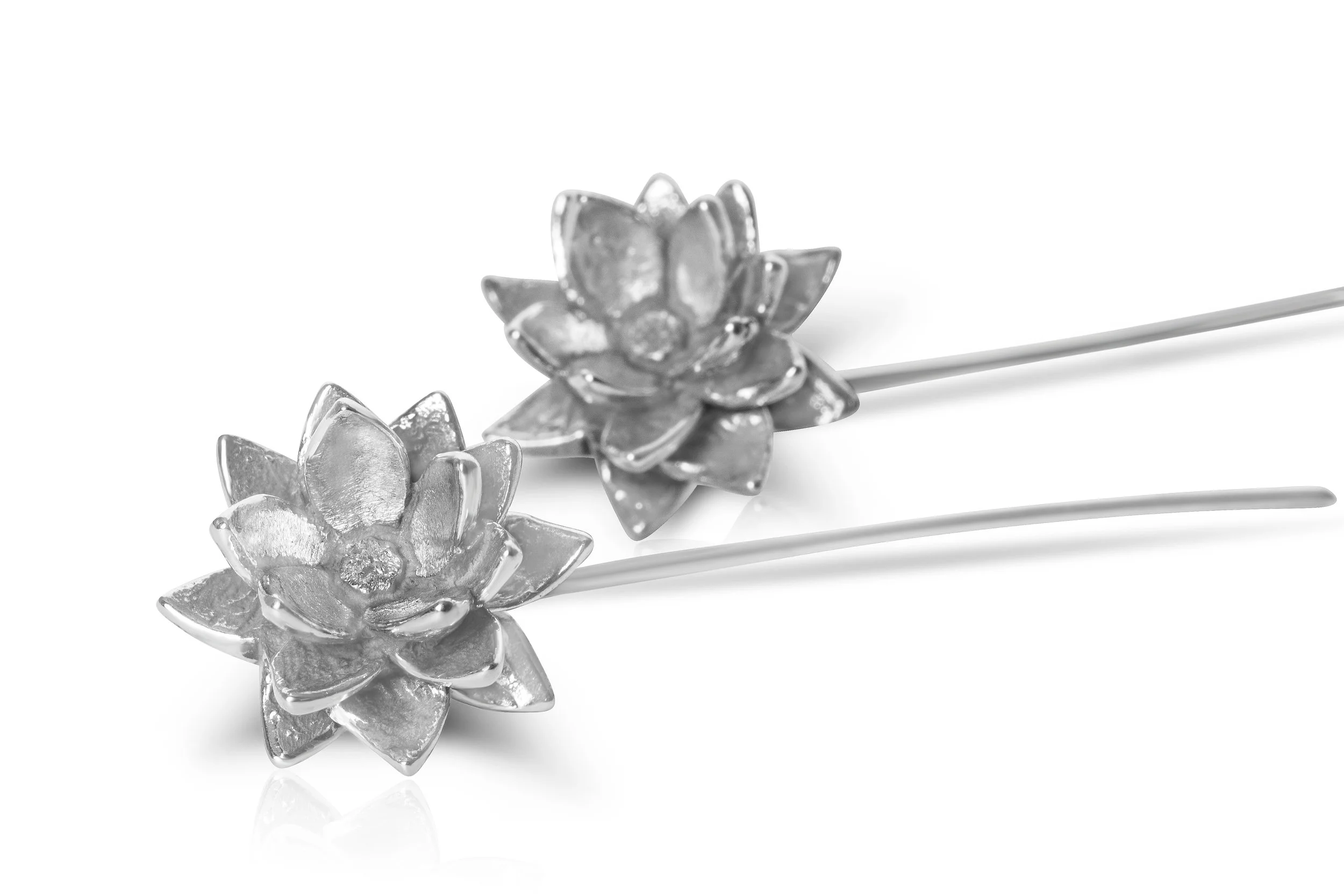 Asymmetrical Sterling Silver Lotus Flower Earrings - Ear Cuff / Crawler Style, Post Closure, Fine Details, Handmade Thailand