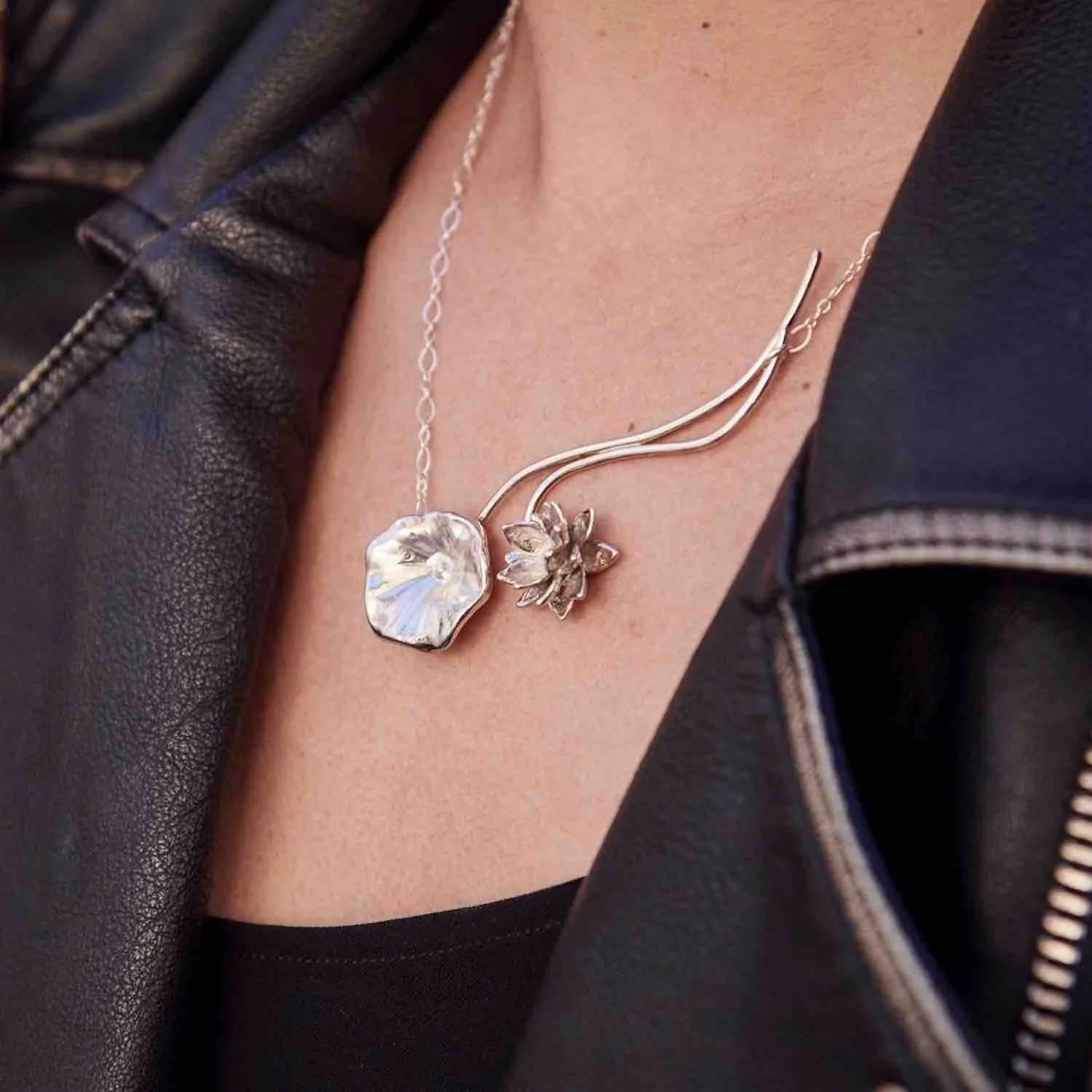 Floating Lotus Necklace by Charming Little Lotus | Sterling Silver Lotus Flower Necklace | Lotus Leaf Necklace | Lotus Blossom Necklace | Lotus Statement Necklace | Lotus Fine Jewelry