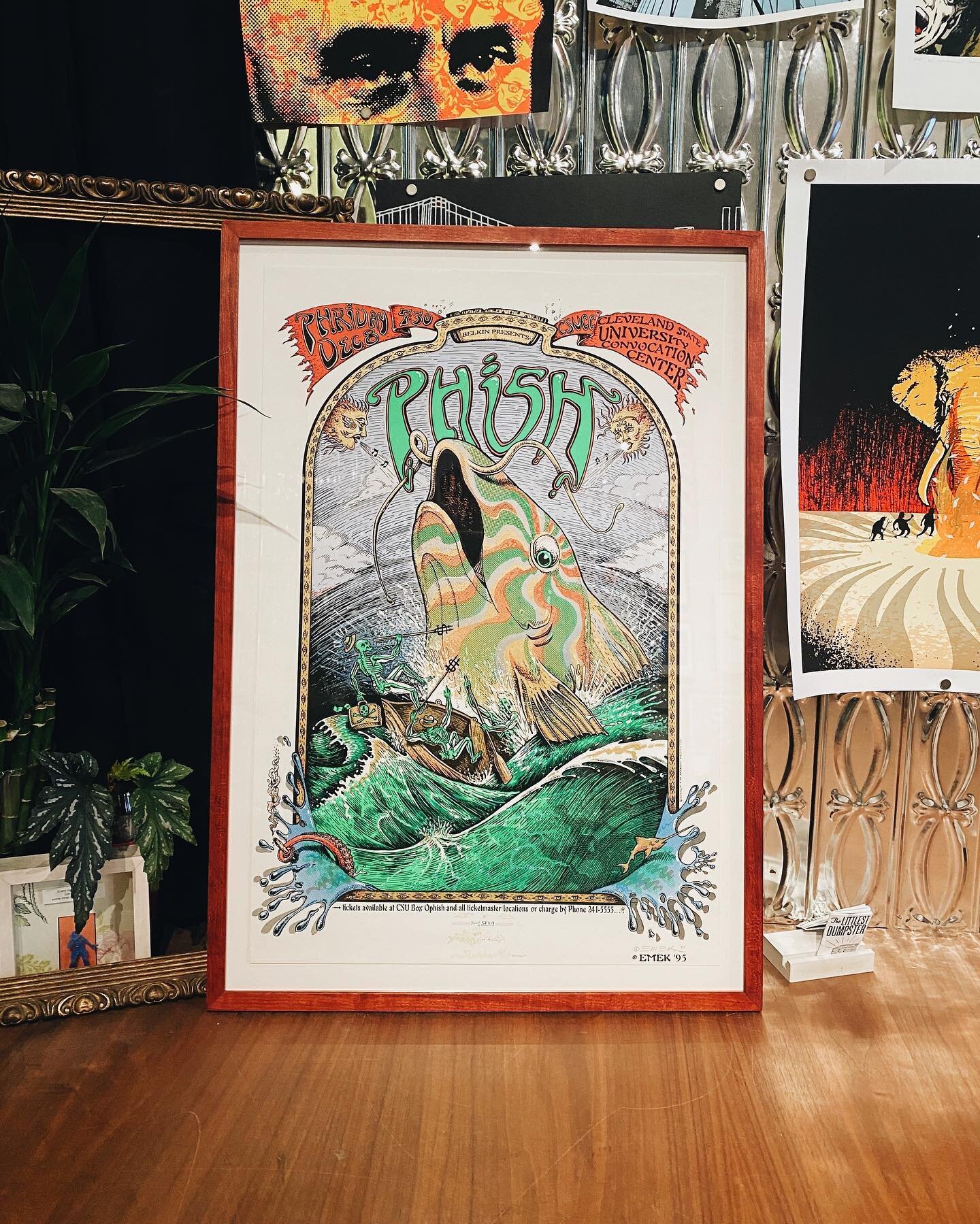 Phish Concert Poster 1995 by EMEK. Floating inside of a hardwood cherry frame with our red stain and a wild af woodgrain.