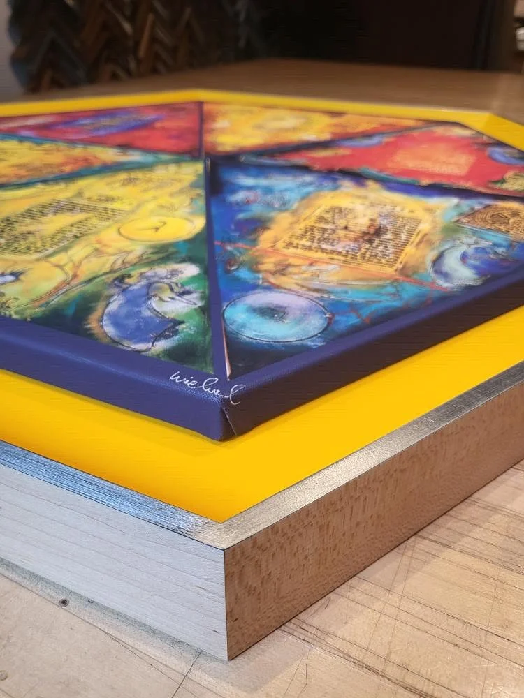 A successful special request for a Hexagonal canvas stretch and frame.  Maple hardwood floater frame with an oil finish, Dayz yellow paint on the inside and tray, and silver-tone metal leafing top. #floaterframes #plutoniumpaint #hexagons