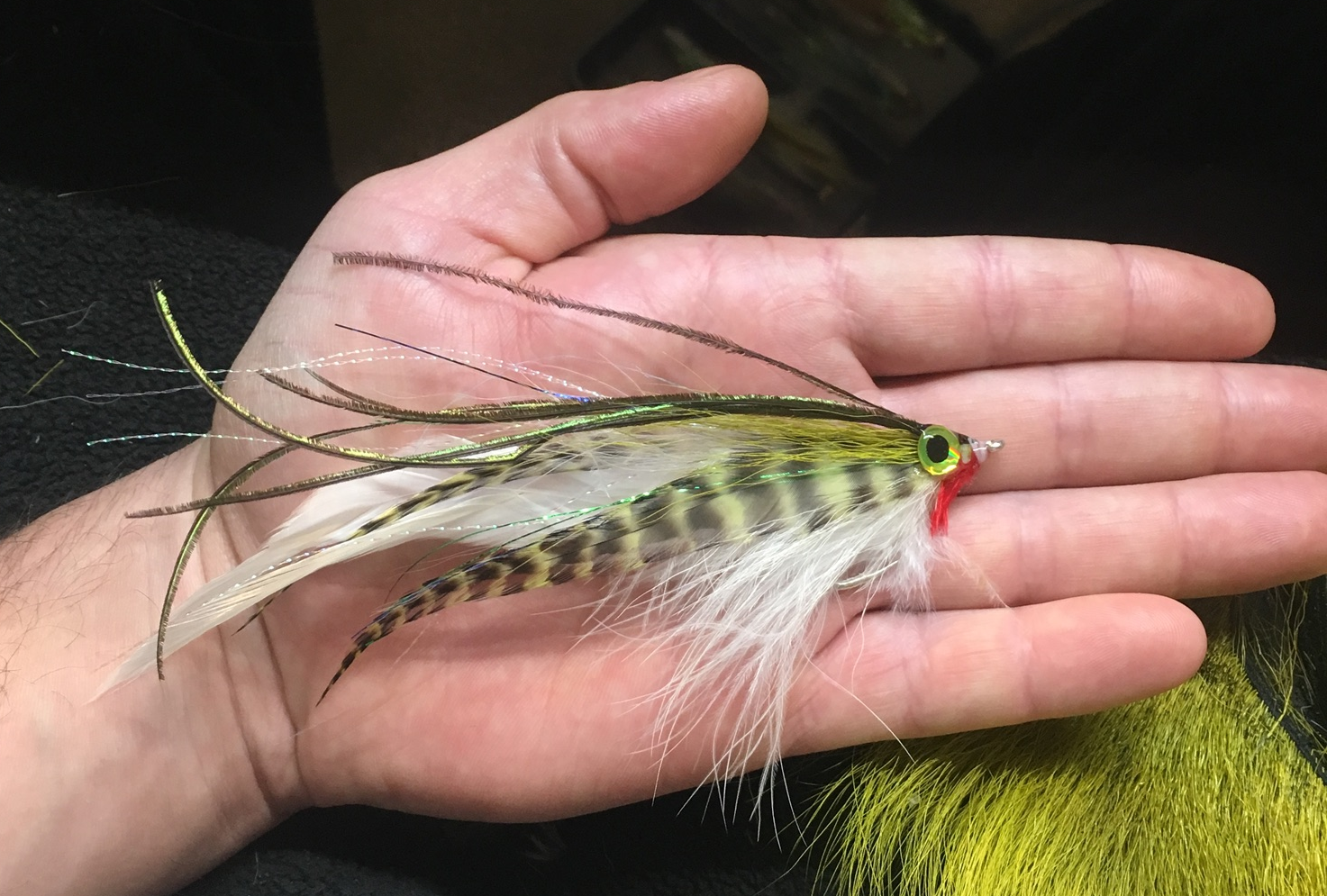 Mackerel deceiver tied on a 1/0 Mustad hook.