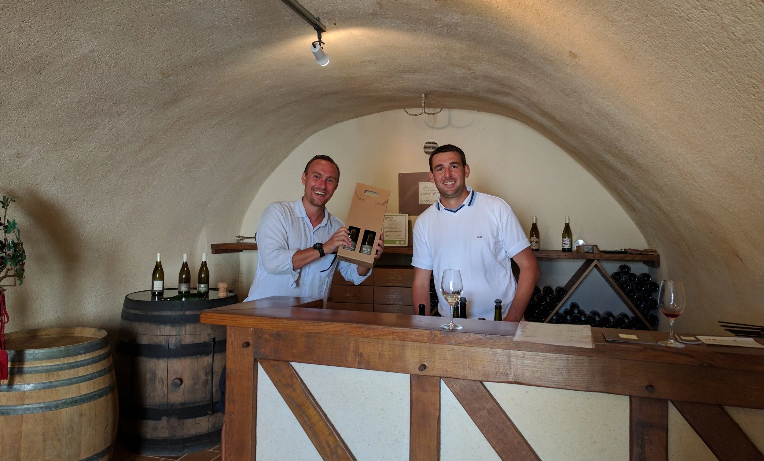Showing off the merchandise with Mathieu at Domaine de Jean Marc et Mathieu Crochet