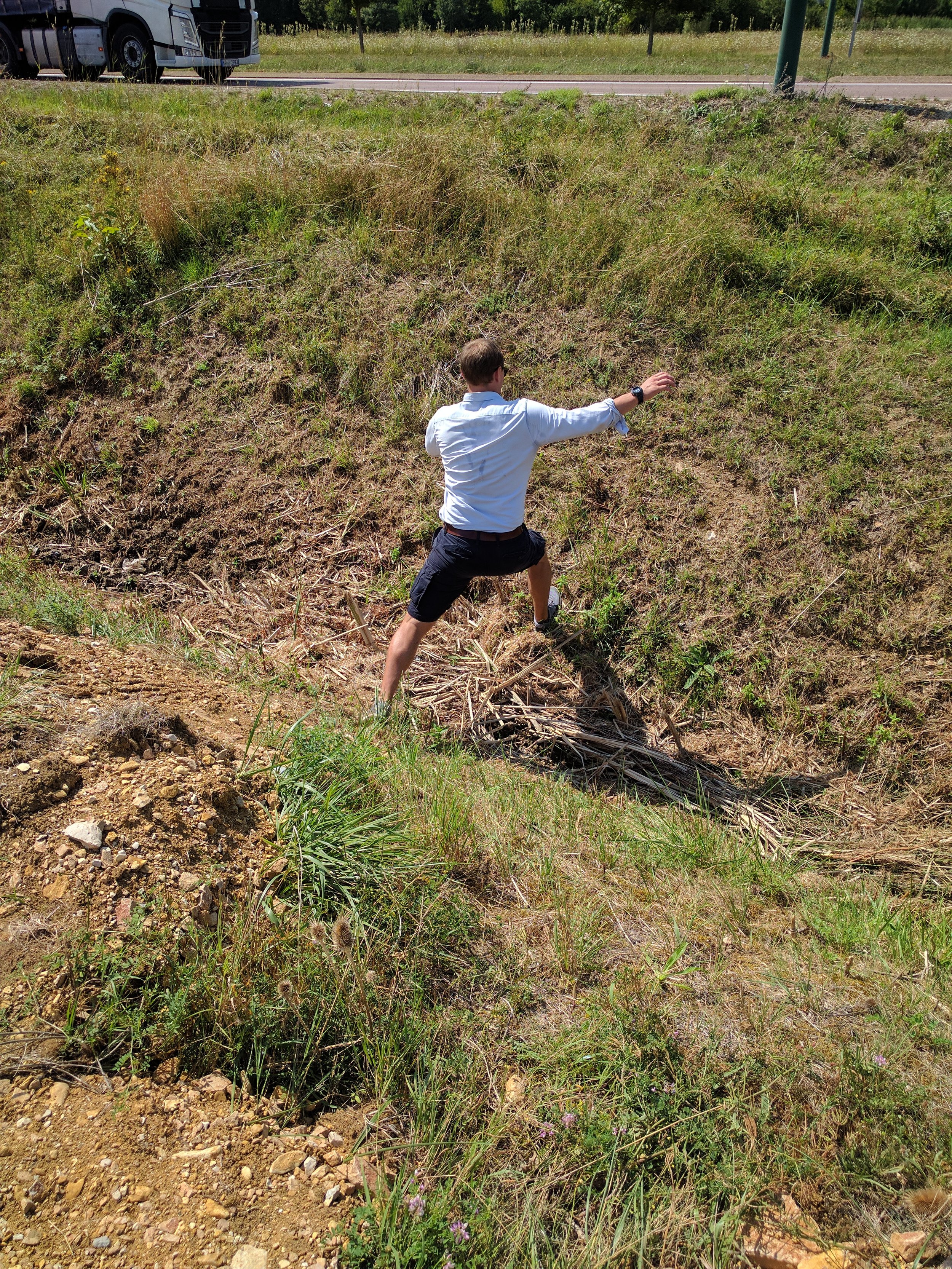 We handled the drain ditches like pros on the way back to Beaune; Nicole bear crawled out of this one