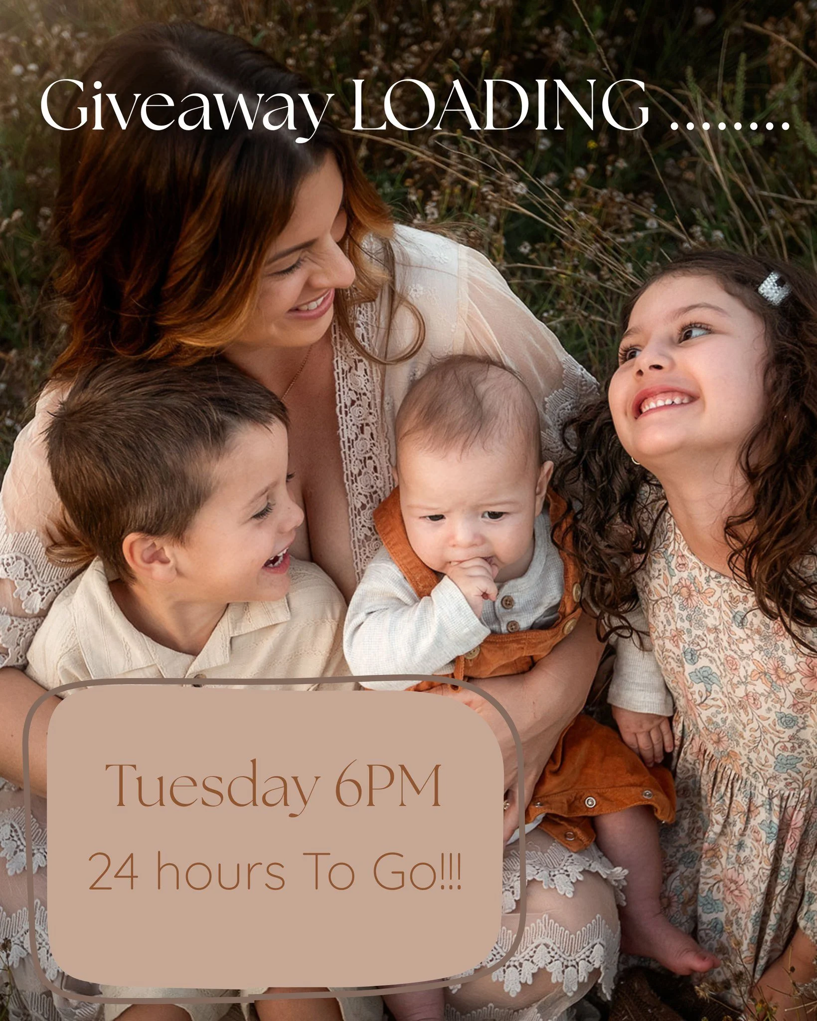 Less than 24 hours!! ⏳

Something big is landing tomorrow at 6pm ... and it's the biggest one we've ever put together.

We're talking thousands of dollars in prizes: A full family photography experience, gorgeous Wall Art, Keepsakes, and gifts from s
