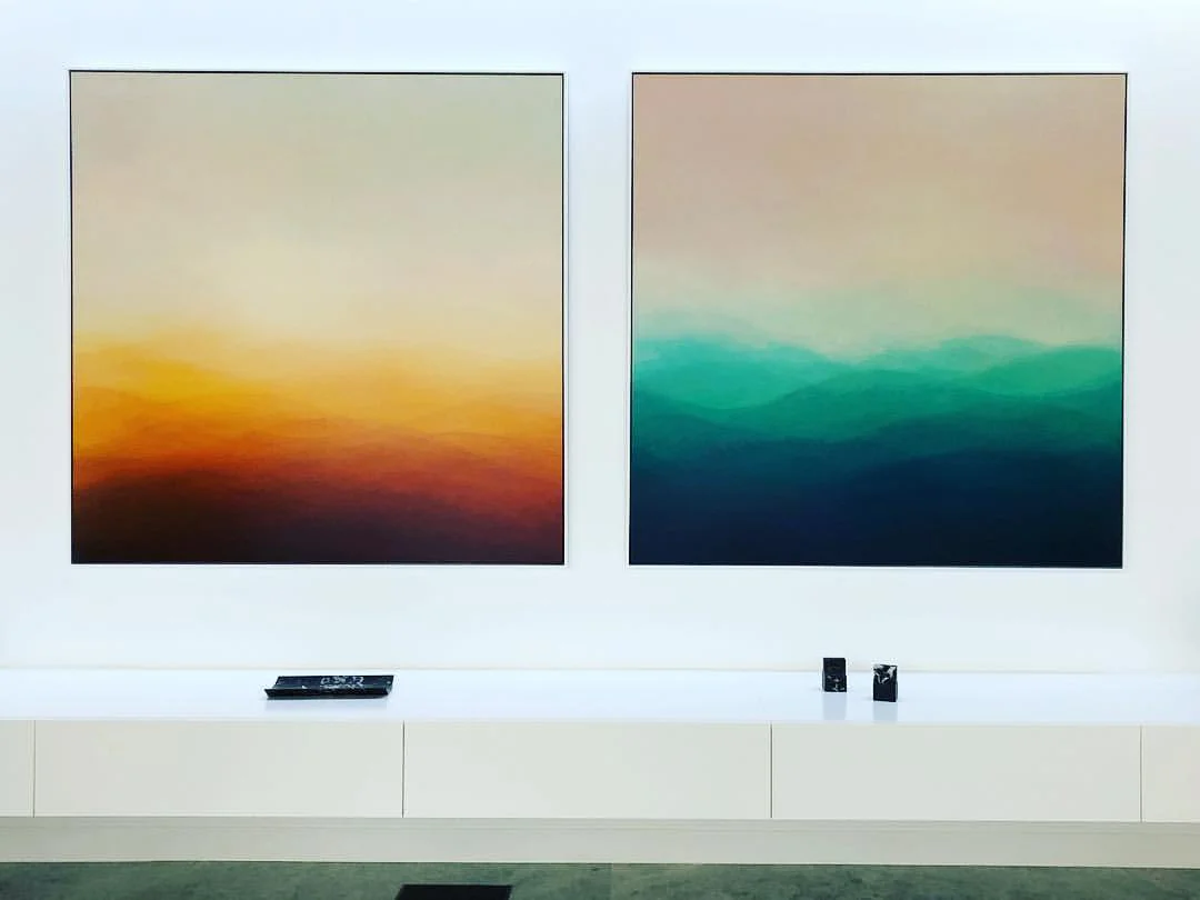 Artwork by Patricia Heaslip, 183 x 183cm each. Interior Styling courtesy of Thierry B.