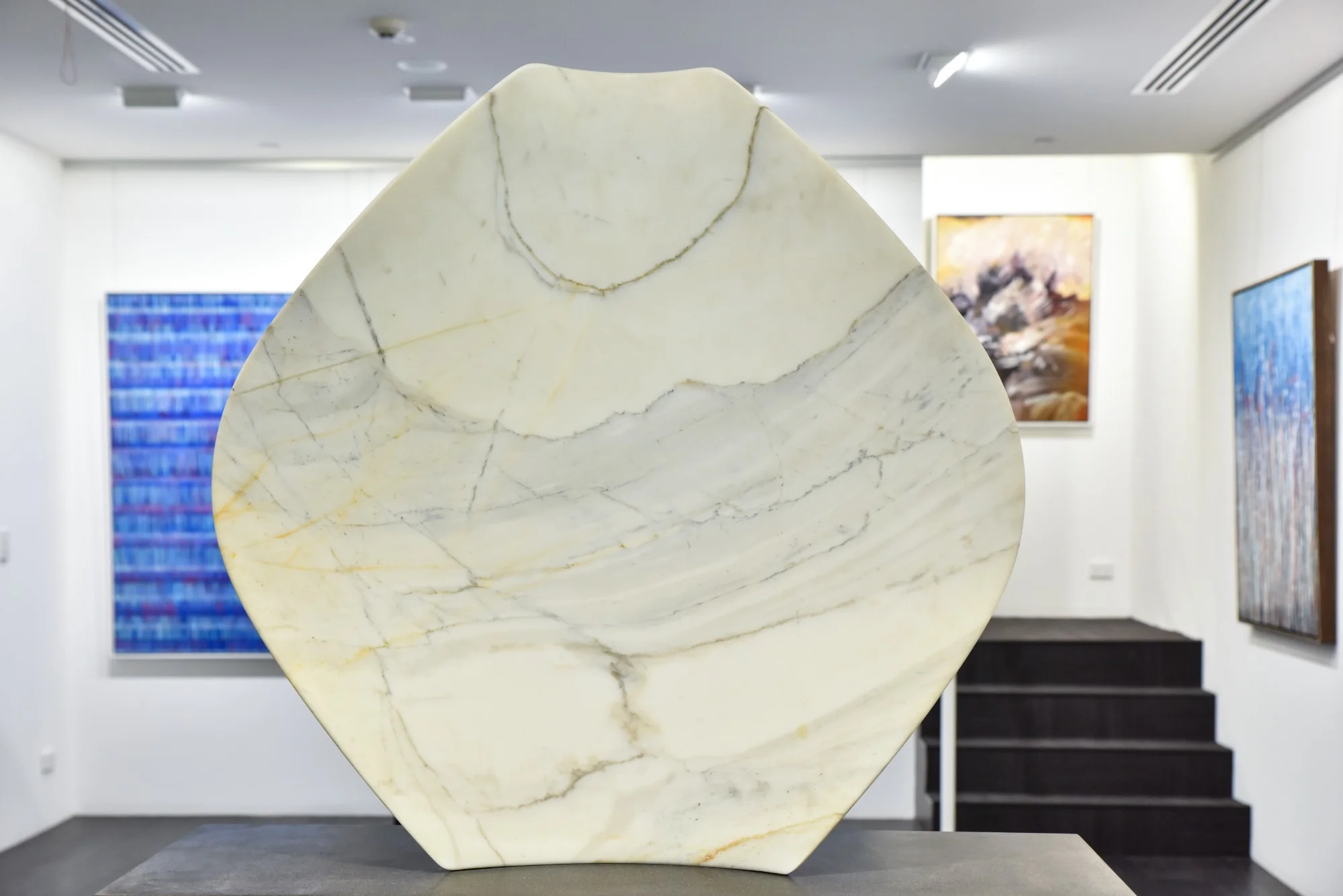 Above: Sculpture by Jane Valentine, Shielding II , 2014, Stauario Marble on granite base, 100 (h) x 90 (w) x 25 (d)cm, P.O.A