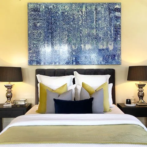 Artwork by Thierry B., Relying On Each Other, 2017, 122 x 183cm. Interior styling by Zenza Interiors.