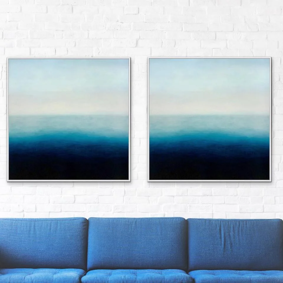 Artwork by Patricia Heaslip, 122 x 122cm, diptych. Interior styling courtesy of Thierry B.