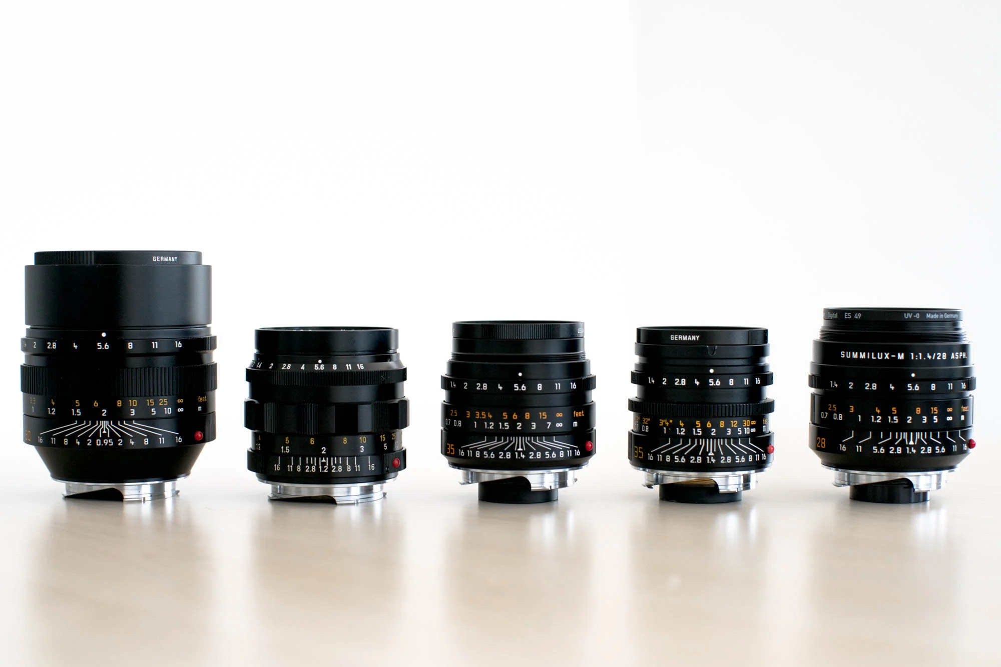 From Left to Right: Leica's 50mm f/0.95 Noctilux, 50mm f1.2 Noctilux, 35mm f/1.4 Summilux FLE, 35mm f1.4 Summilux AA, and 28mm f/1.4 Summilux