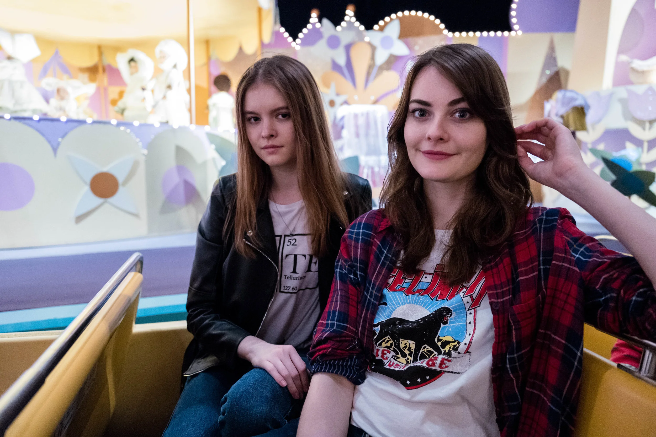 Still on the Its A Small World ride. Here, there was sufficient light for a good image capture. Unfortunately, Lessy didn't move up closer to be in focus (or alternatively, Anna didn't lean back). Either way, autofocus selected the closer subject, being Anna in this case.