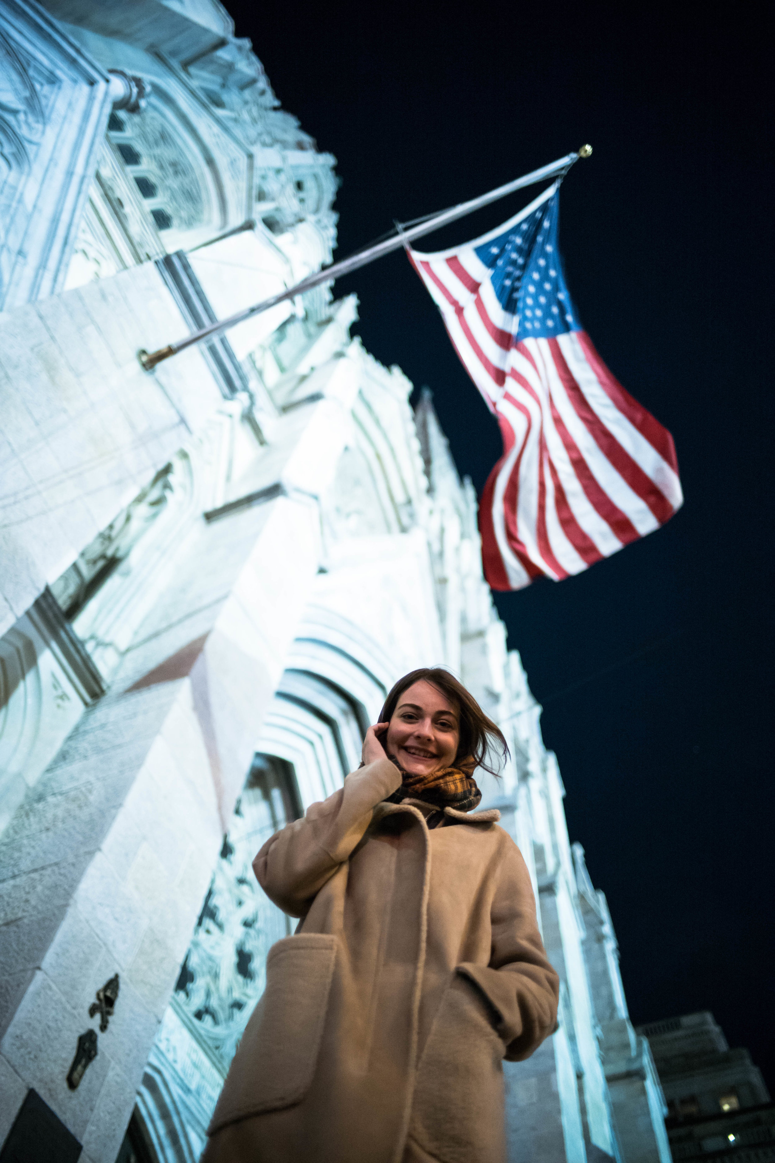 Here at St. Patrick's Cathedral. A rare vertical shot by me. But the Stars and Stripe was too beautiful not to include in the nighttime photograph.