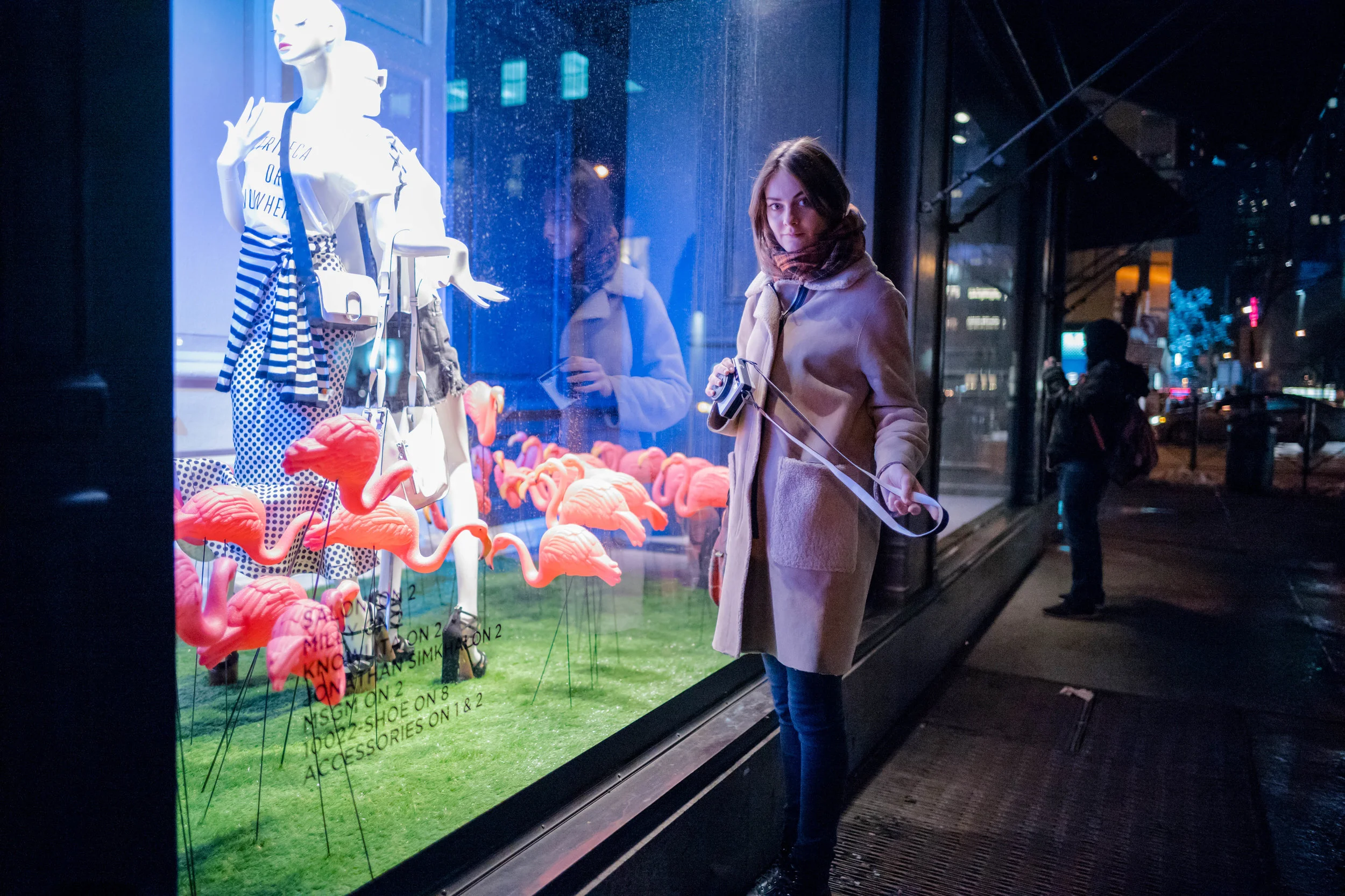 Looking at some plastic flamingos inside a Saks Fifth Avenue store window display.