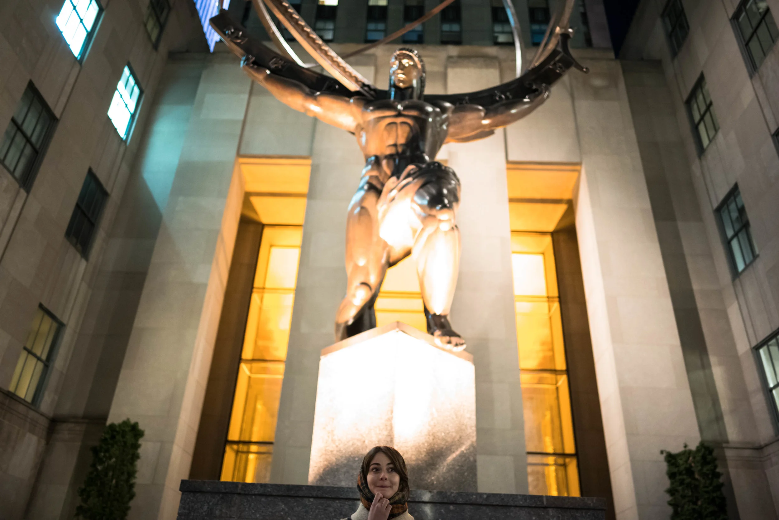 Under the statue of Atlas at Rockefeller Center.