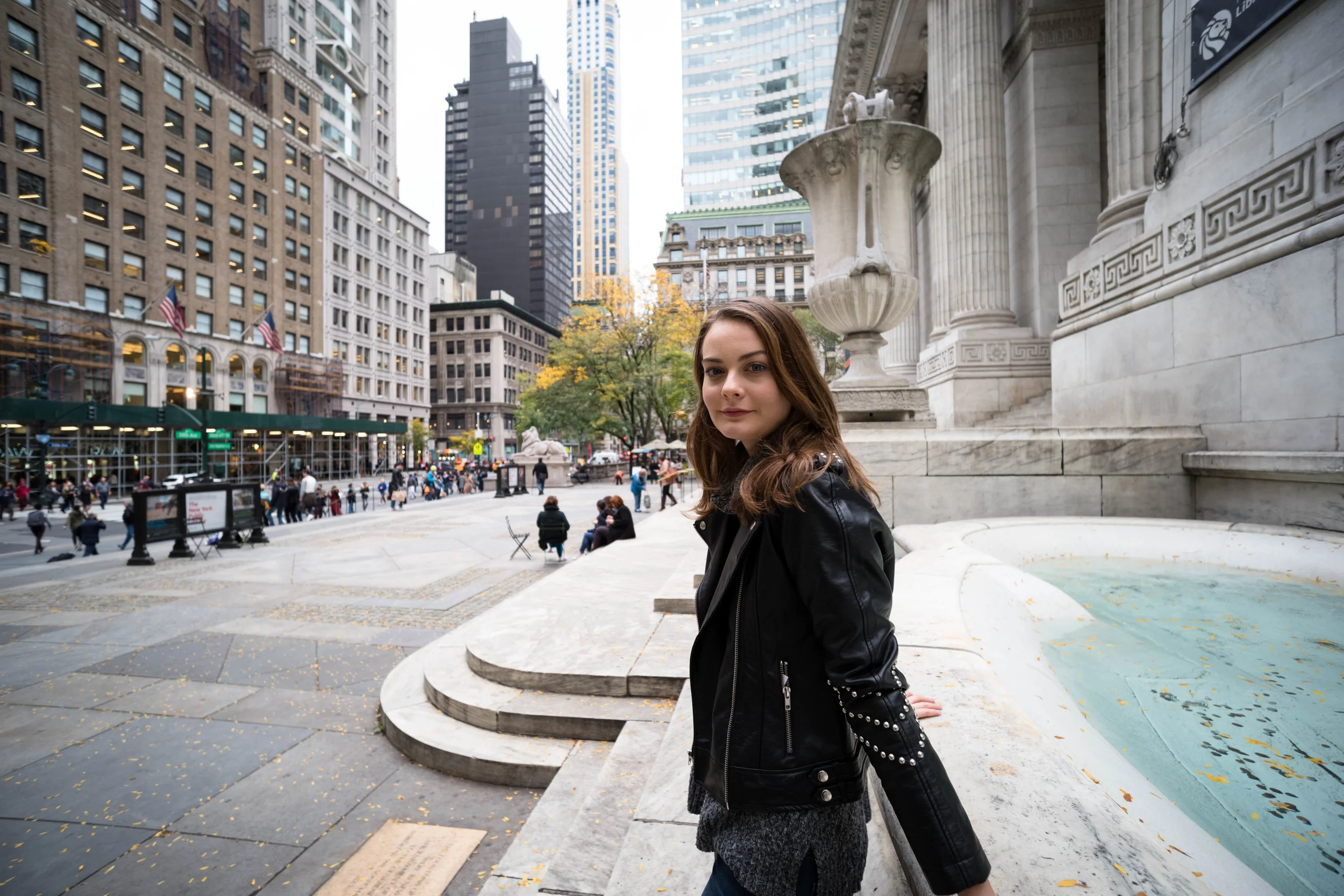 Next to the fountain at the New York City Public Library.