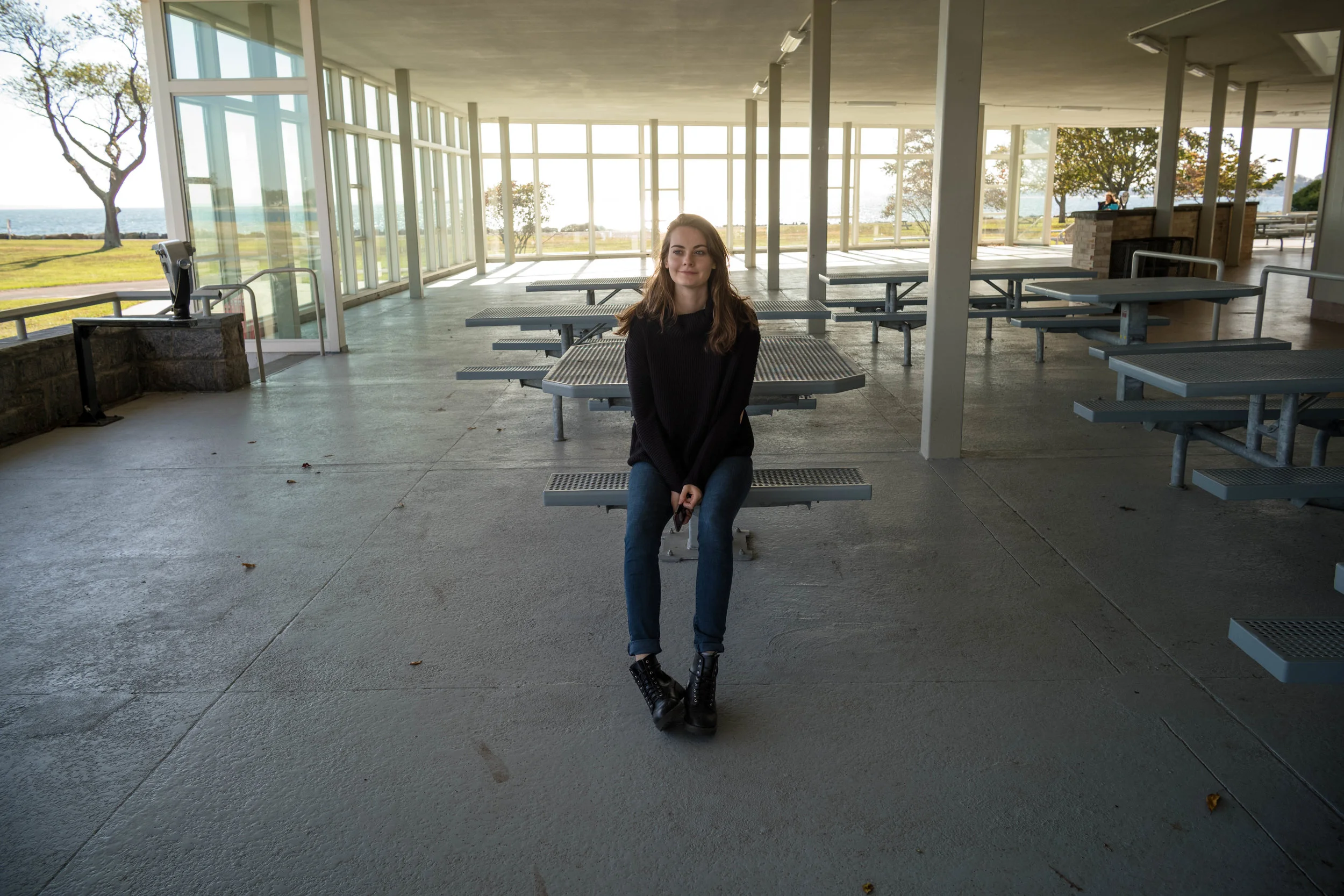 By the covered seating, at Sherwood Island State Park, Westport, Connecticut.