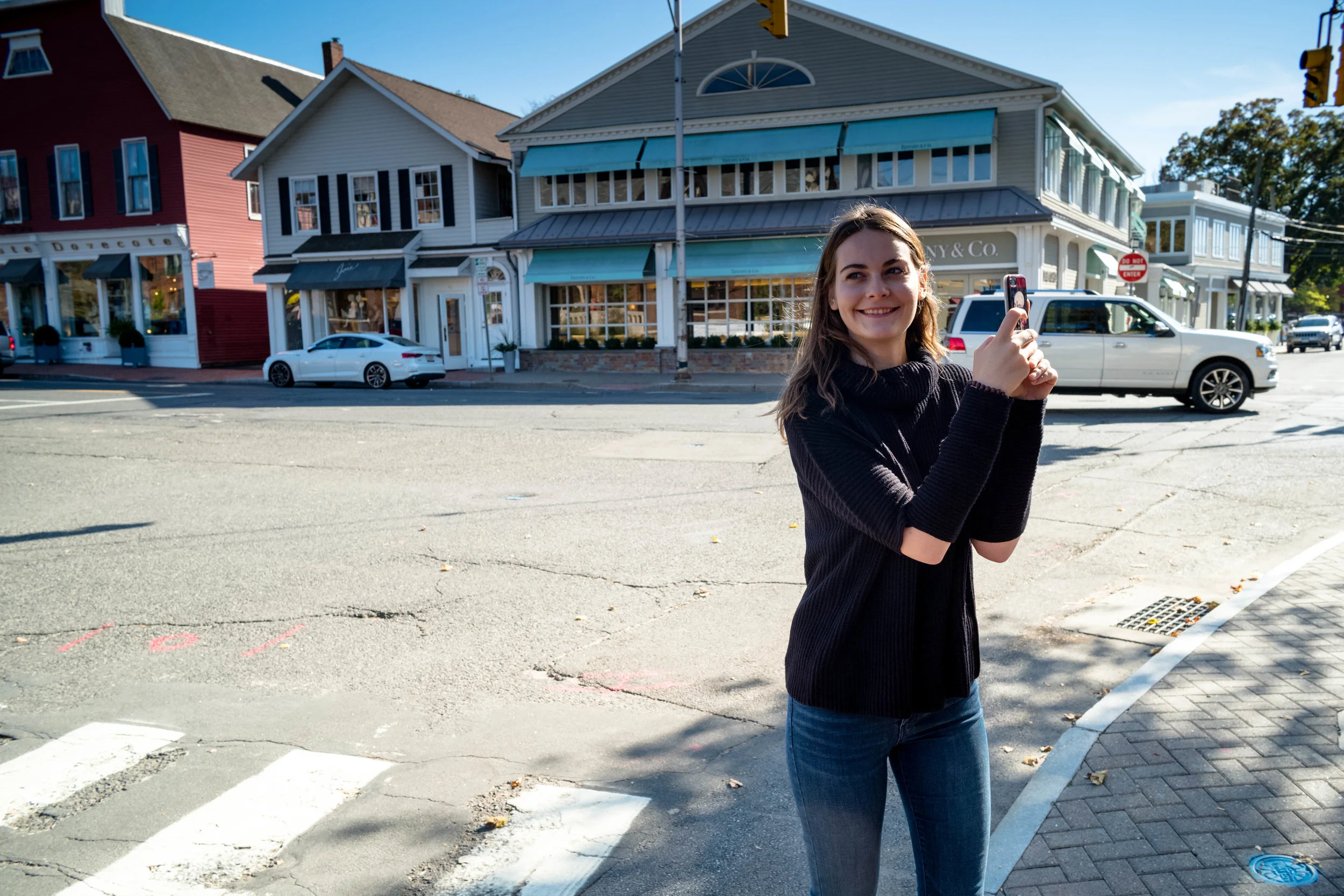 Taking a selfie on Post Road, Westport, Connecticut.