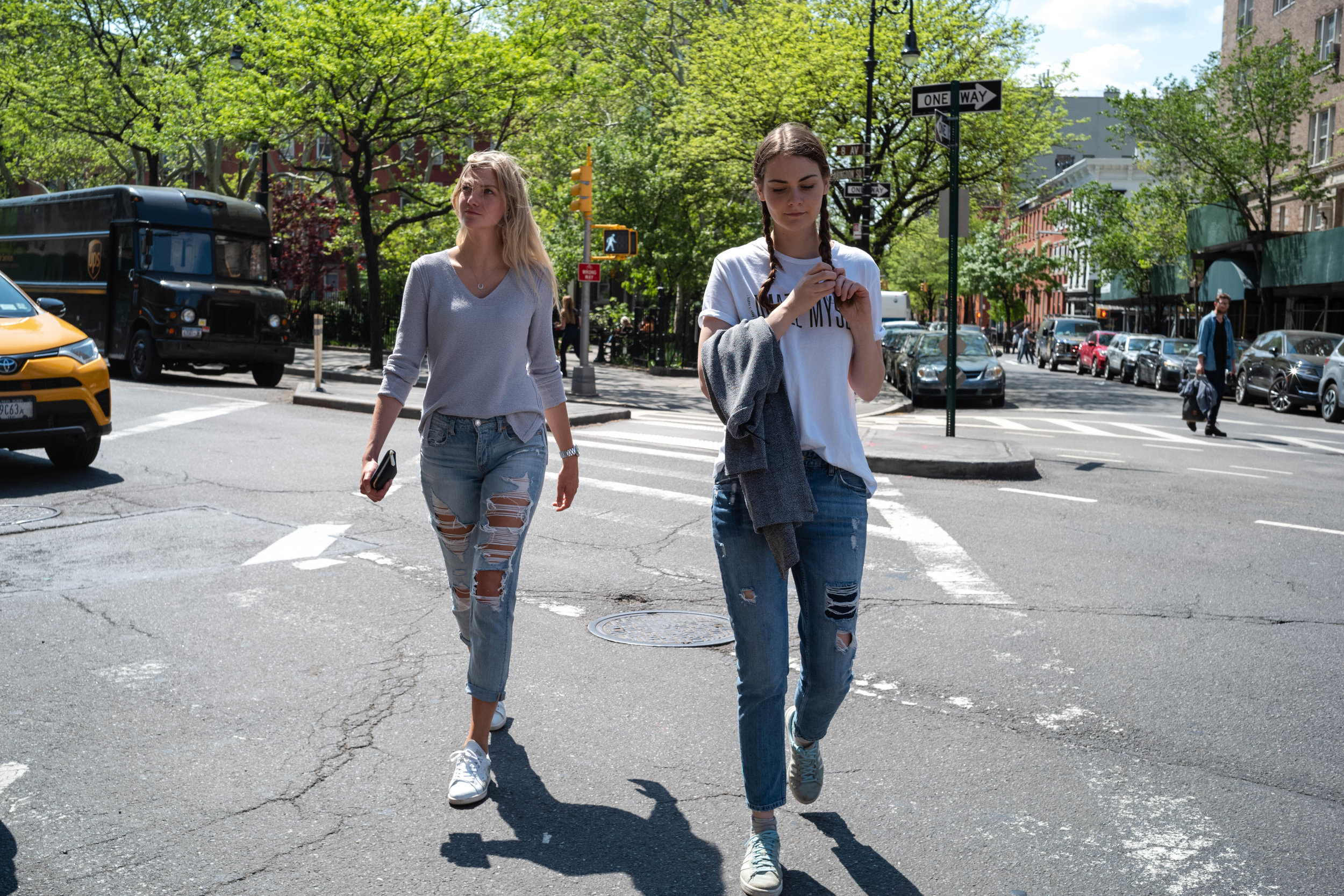 Crossing the street.